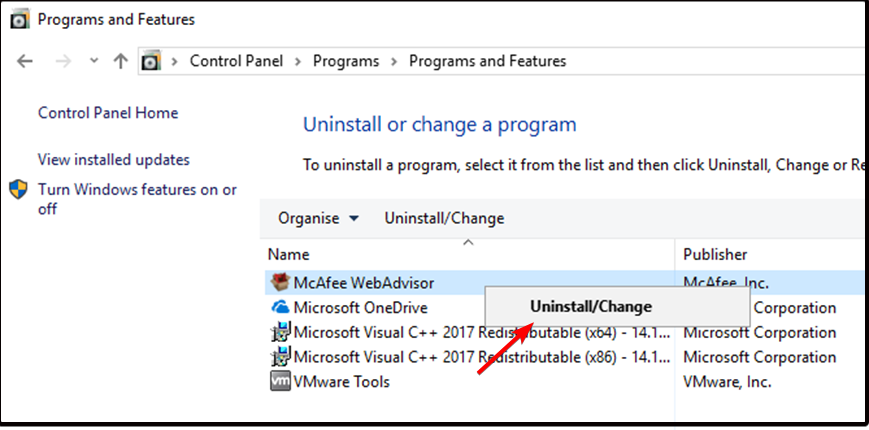 uninstall mcafee web advisor