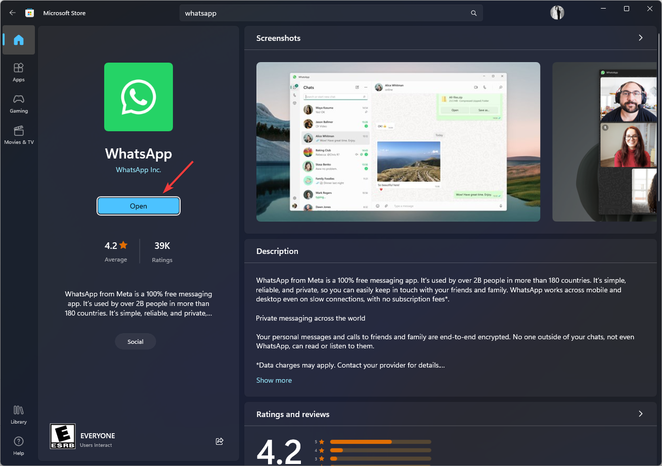 Open WhatsApp app whatsapp windows 11