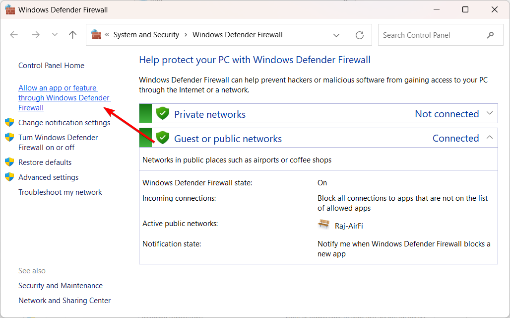 Windows Defender ファイアウォールを介したアプリまたは機能を許可する