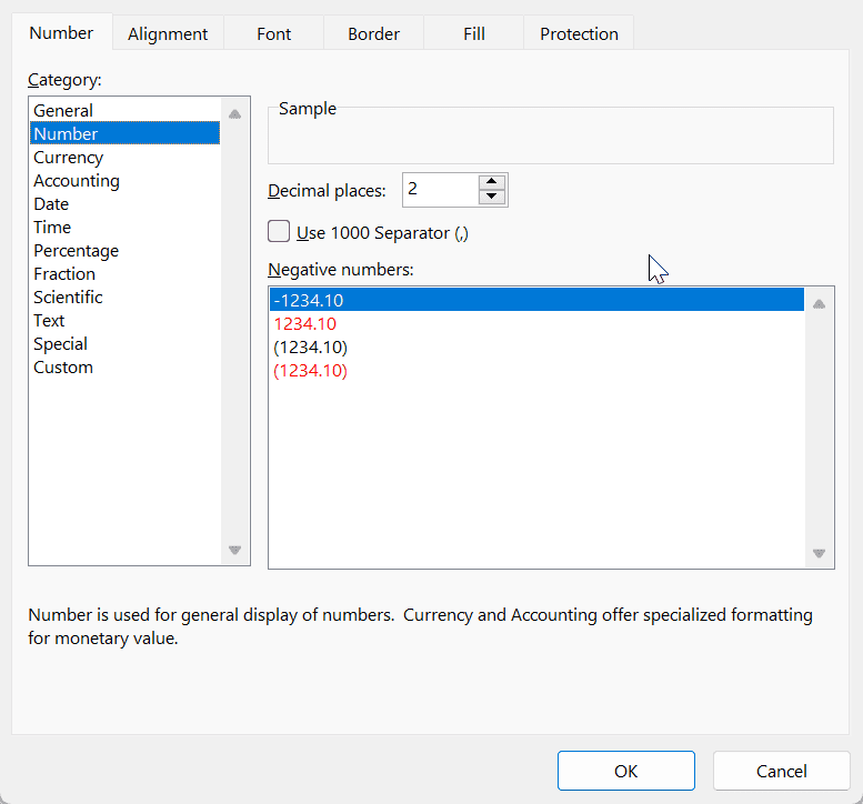 format cells options