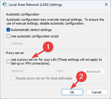 Use the proxy server for LAN disable 