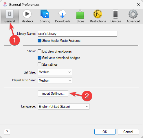 On the General tab, click Import Settings.