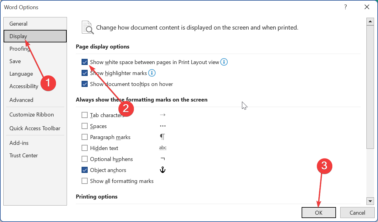 show space microsoft word margins not working