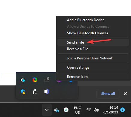 Send a file Share Files Over Bluetooth windows