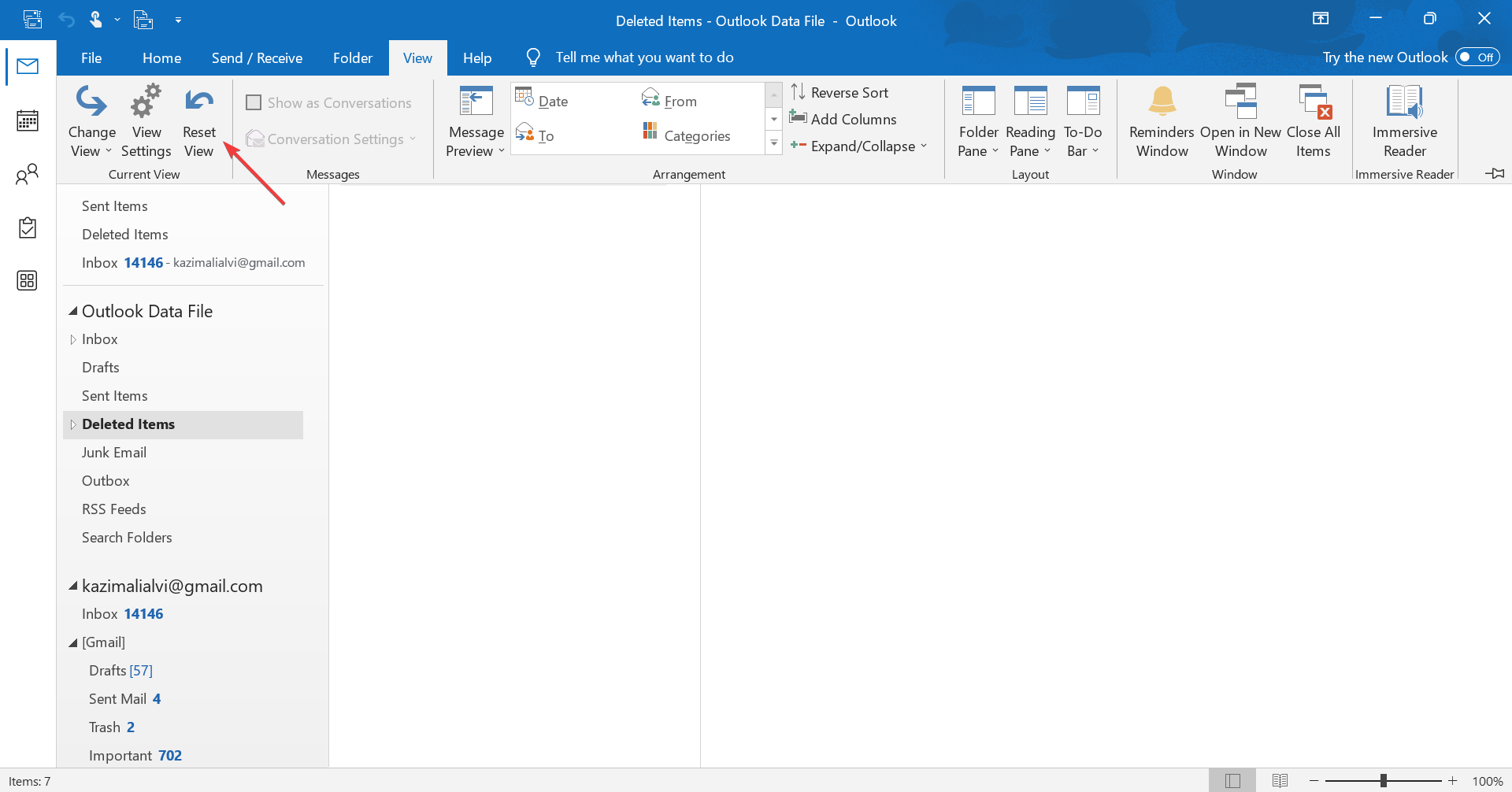 outlook reset view command