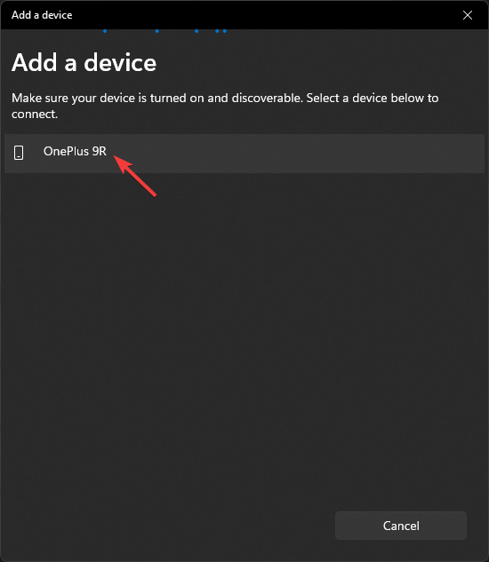 Select the device Share Files Over Bluetooth windows
