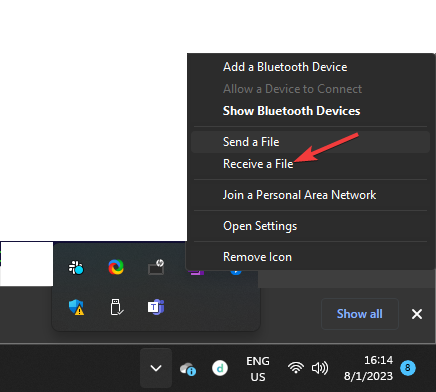 Receive a file Share Files Over Bluetooth windows