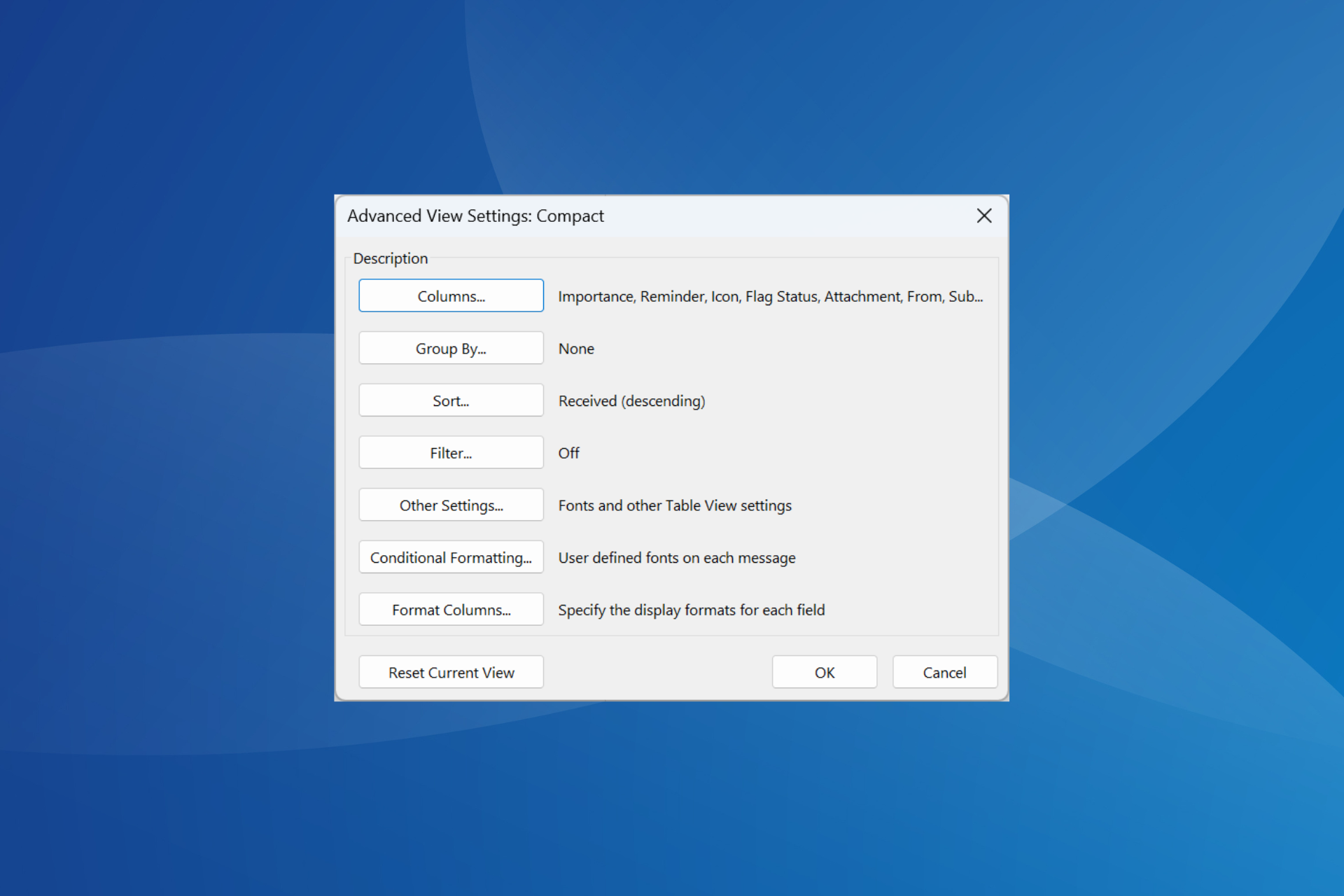 reset Outlook view to default