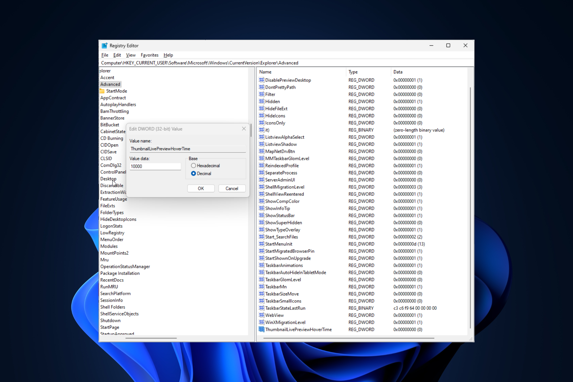 La vista previa en miniatura de la barra de tareas desaparece demasiado rápido en Windows 11