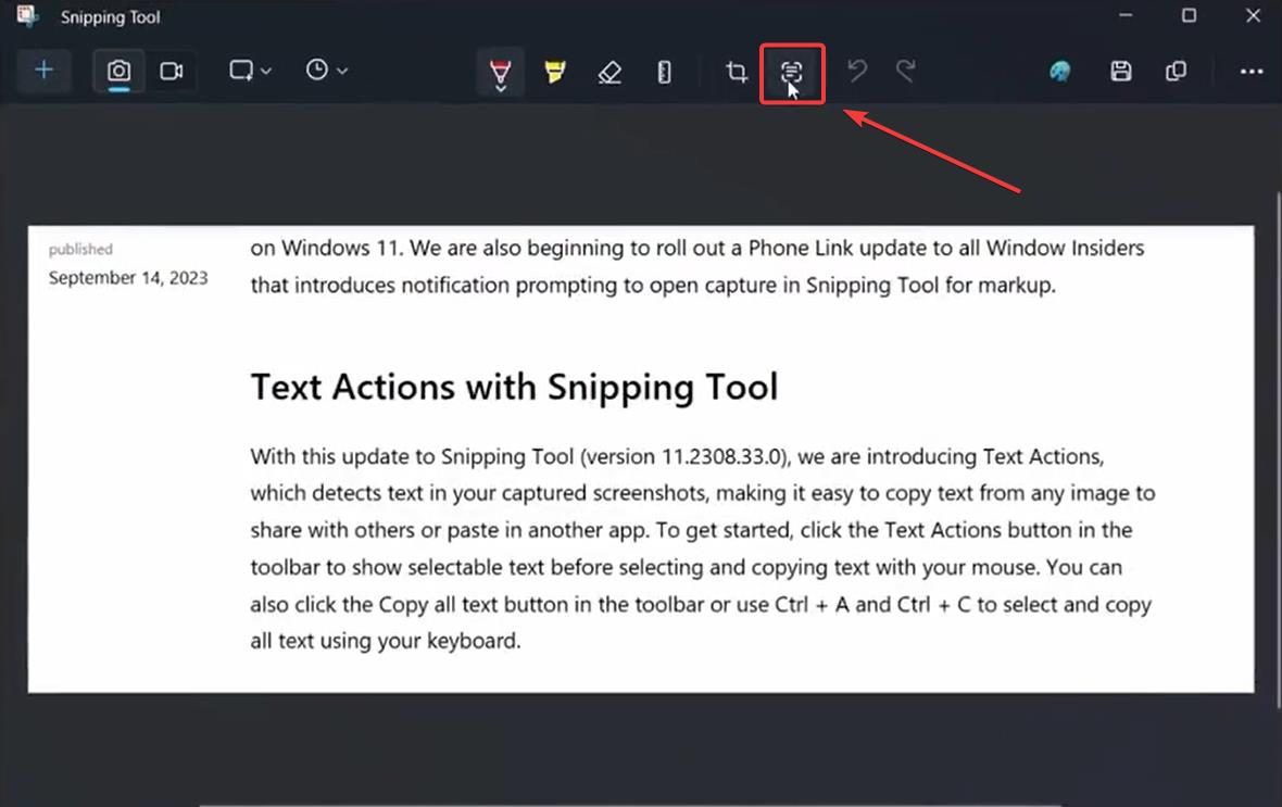 snipping tool text actions