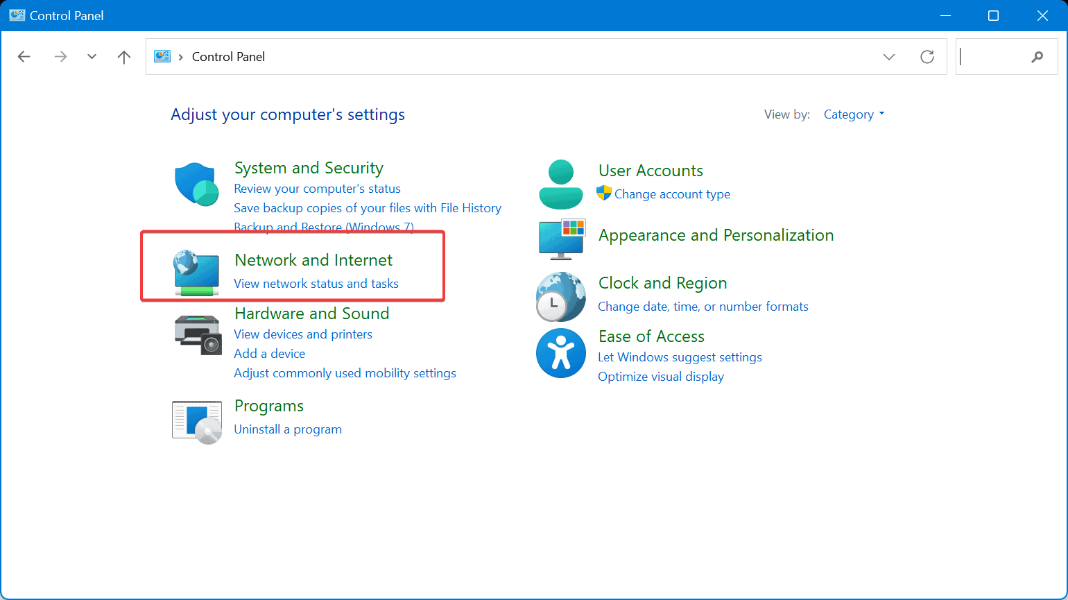 control panel network and internet