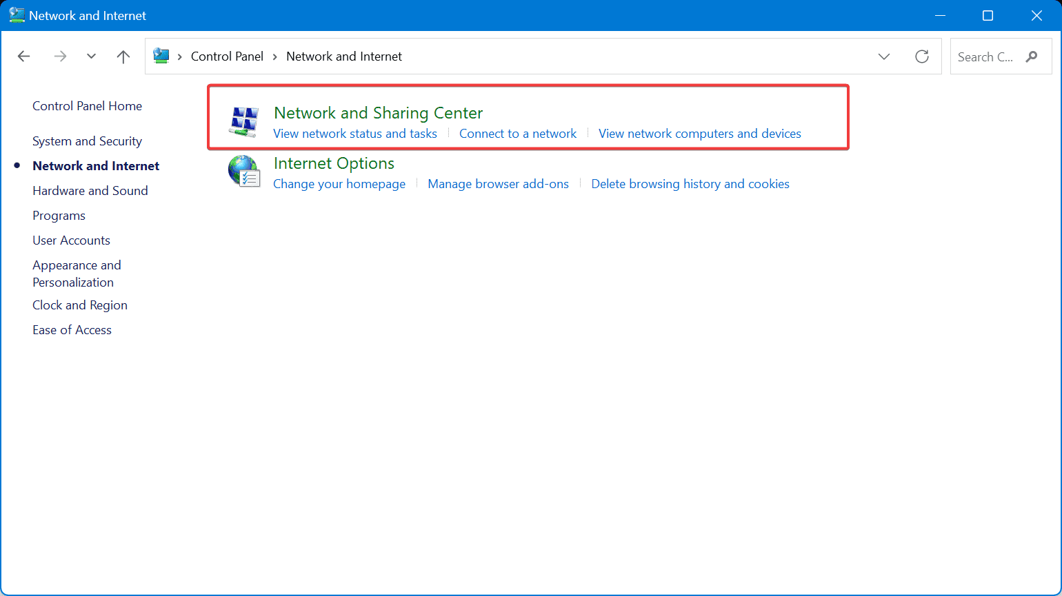 control panel network sharing center