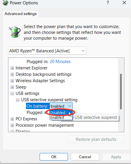 disable usb selective suspend