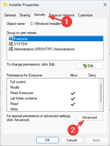 Pestaña Seguridad y haga clic en Avanzado - Código de error 2502 y 2503 en Windows 11