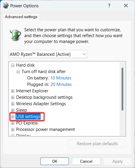 usb settings in power options