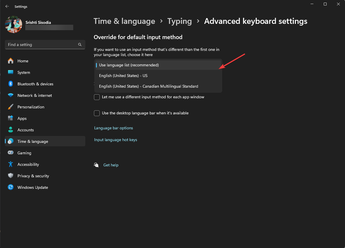 Anule la opción del método de entrada predeterminado: desactive los acentos en el teclado de Windows 11