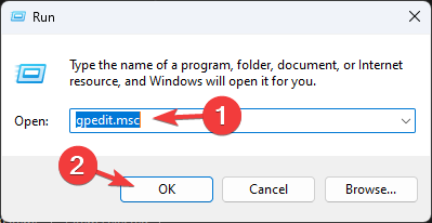 gpedit.msc y haga clic en Aceptar para abrir el Editor de políticas de grupo.  - No se puede desactivar la protección en tiempo real en Windows 11