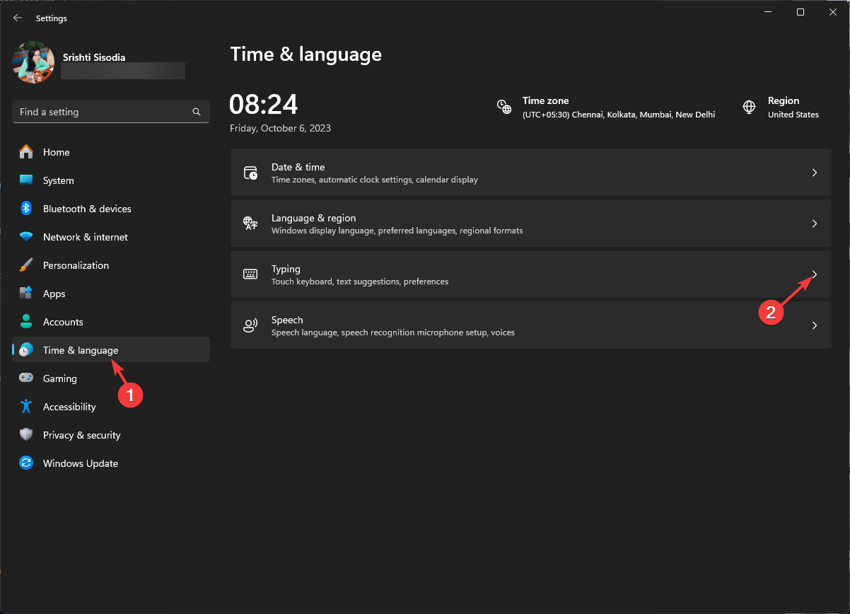 Hora e idioma y seleccione Escritura: desactive los acentos en el teclado de Windows 11