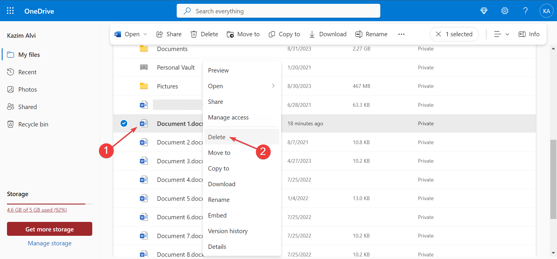 eliminare documenti e file in Microsoft 365 OneDrive