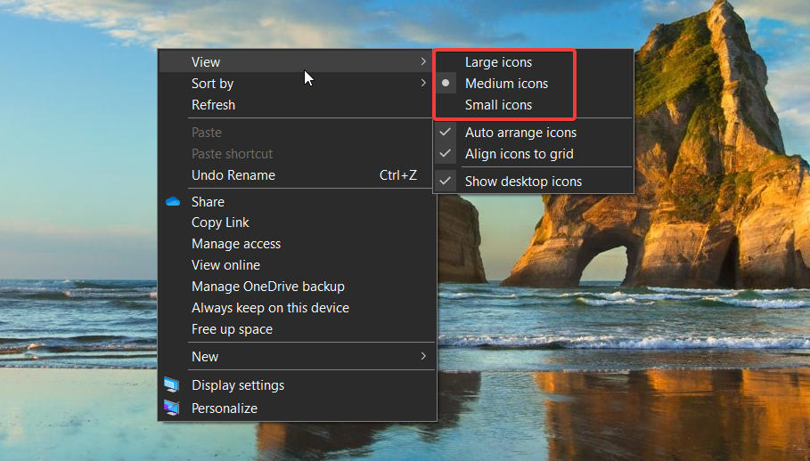 desktop icon size selection