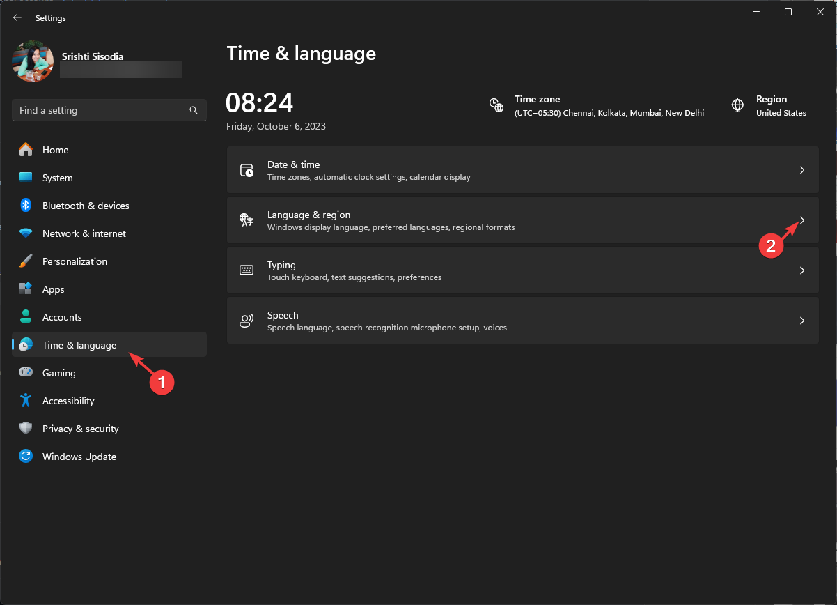 Hora e idioma y seleccione Idioma y región: desactive los acentos en el teclado de Windows 11