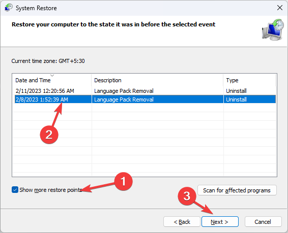 System restore Show more restore points