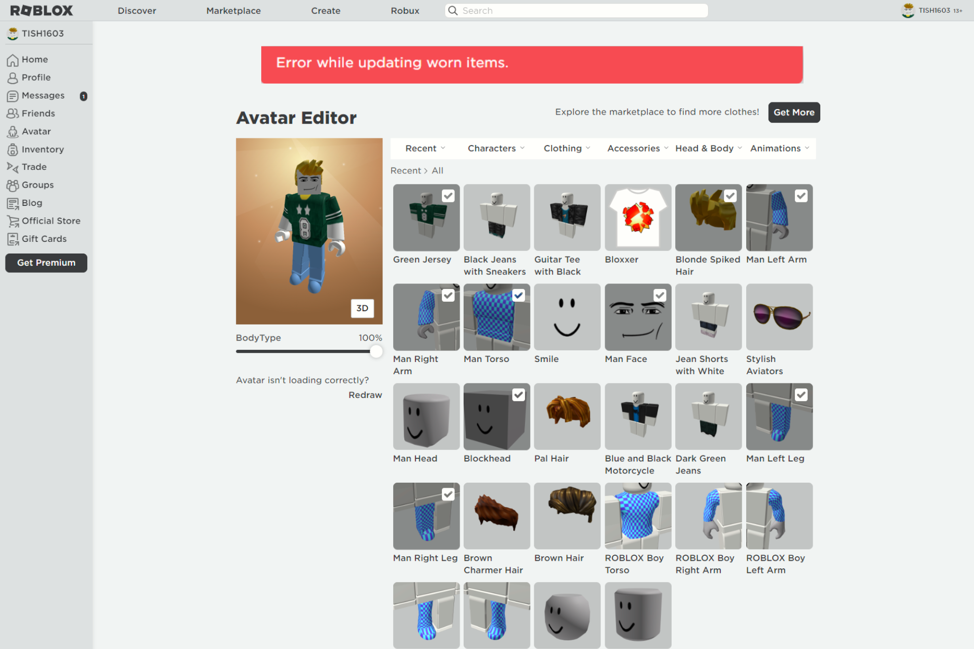Error While Updating Worn Items on Roblox