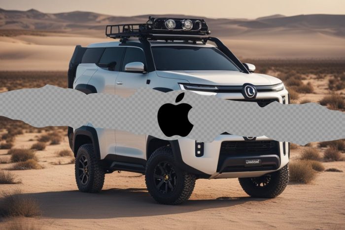 Apple logo splitting an electric vehicle in the desert