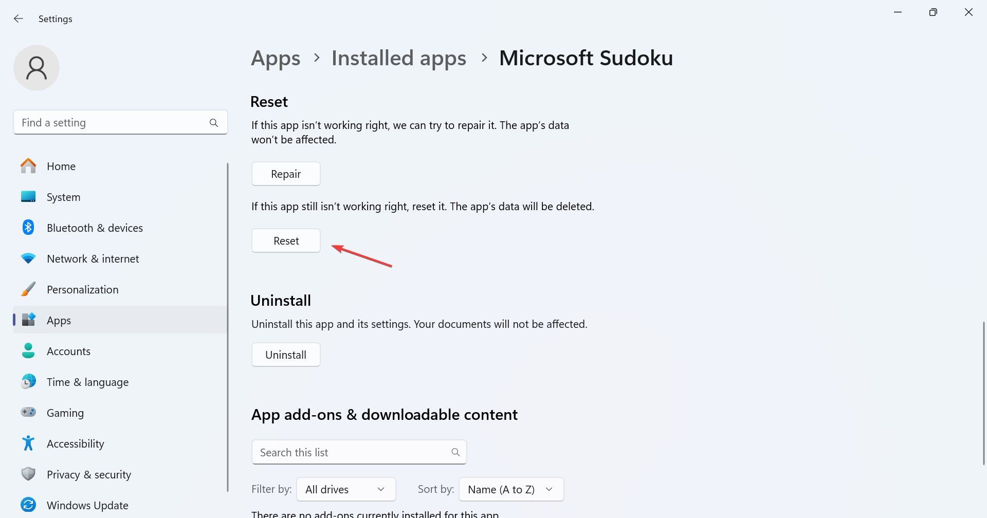 reset to fix microsoft sudoku subscription not working