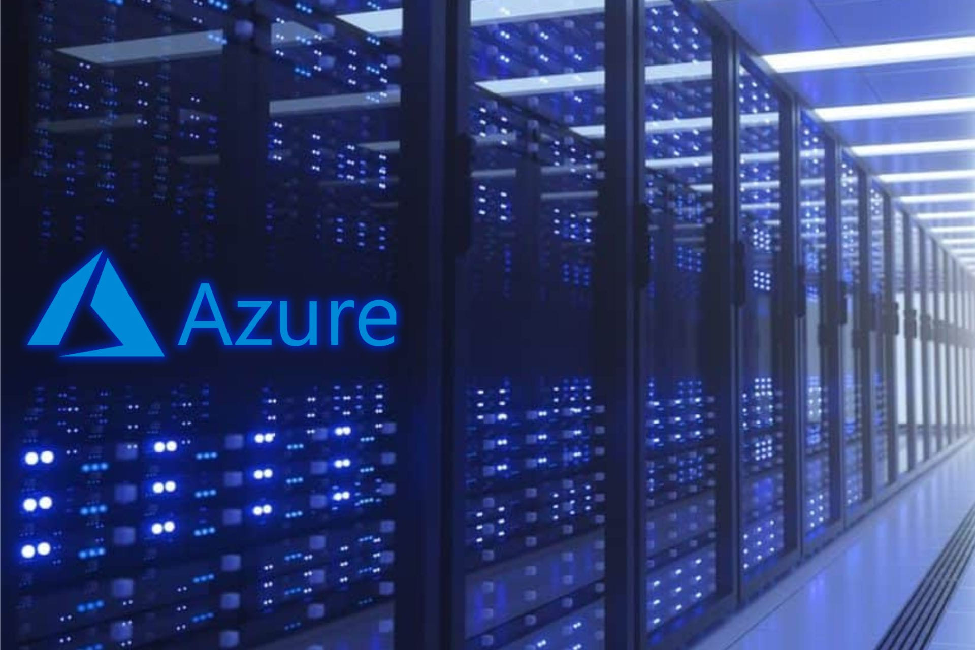 Microsoft Azure AI logo featured on a server room background
