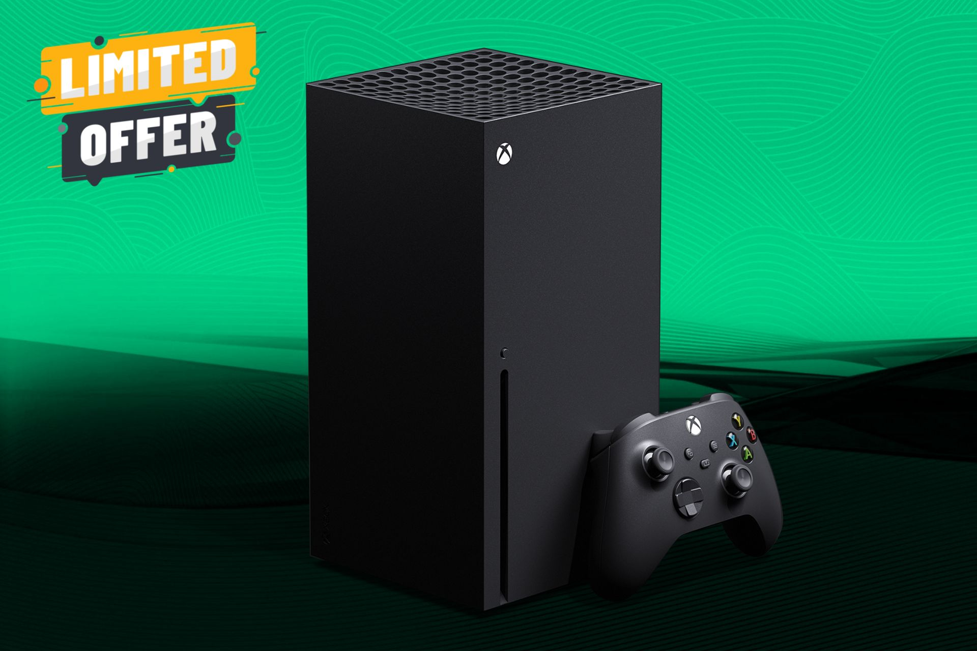 Xbox Series X on a green background with a limited offer sign