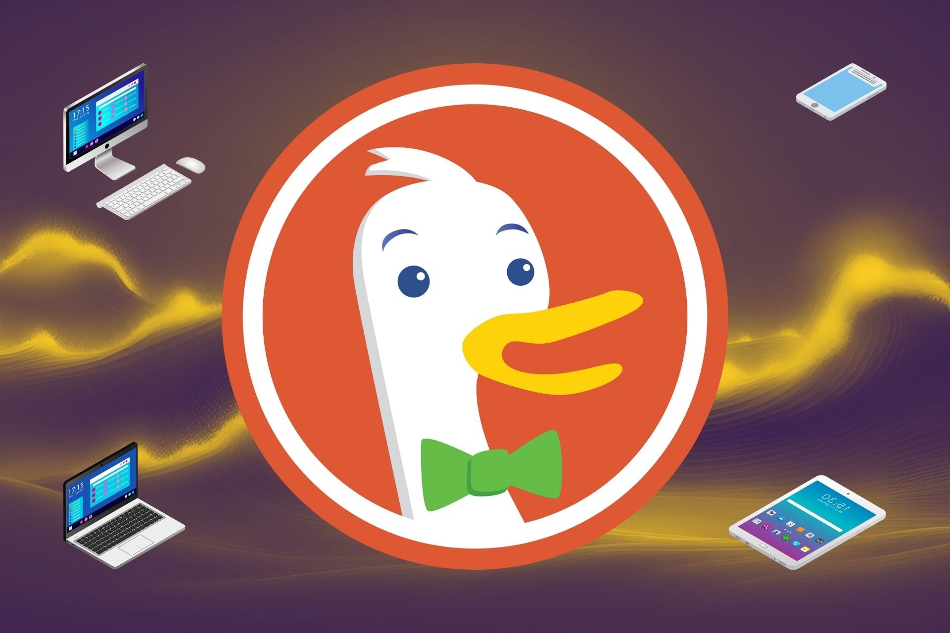 DuckDuckLogo with a phone, a tablet, a desktop and a laptop