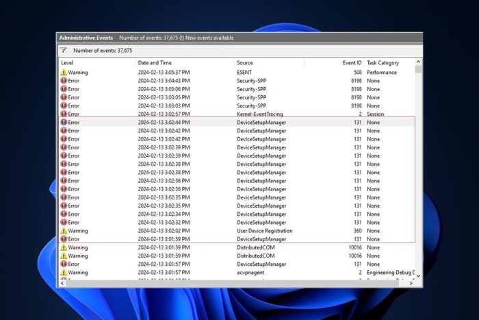 Windows Metadata errors in Administrative Events