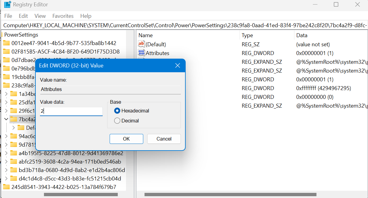 changing power settings attributes in the registry editor