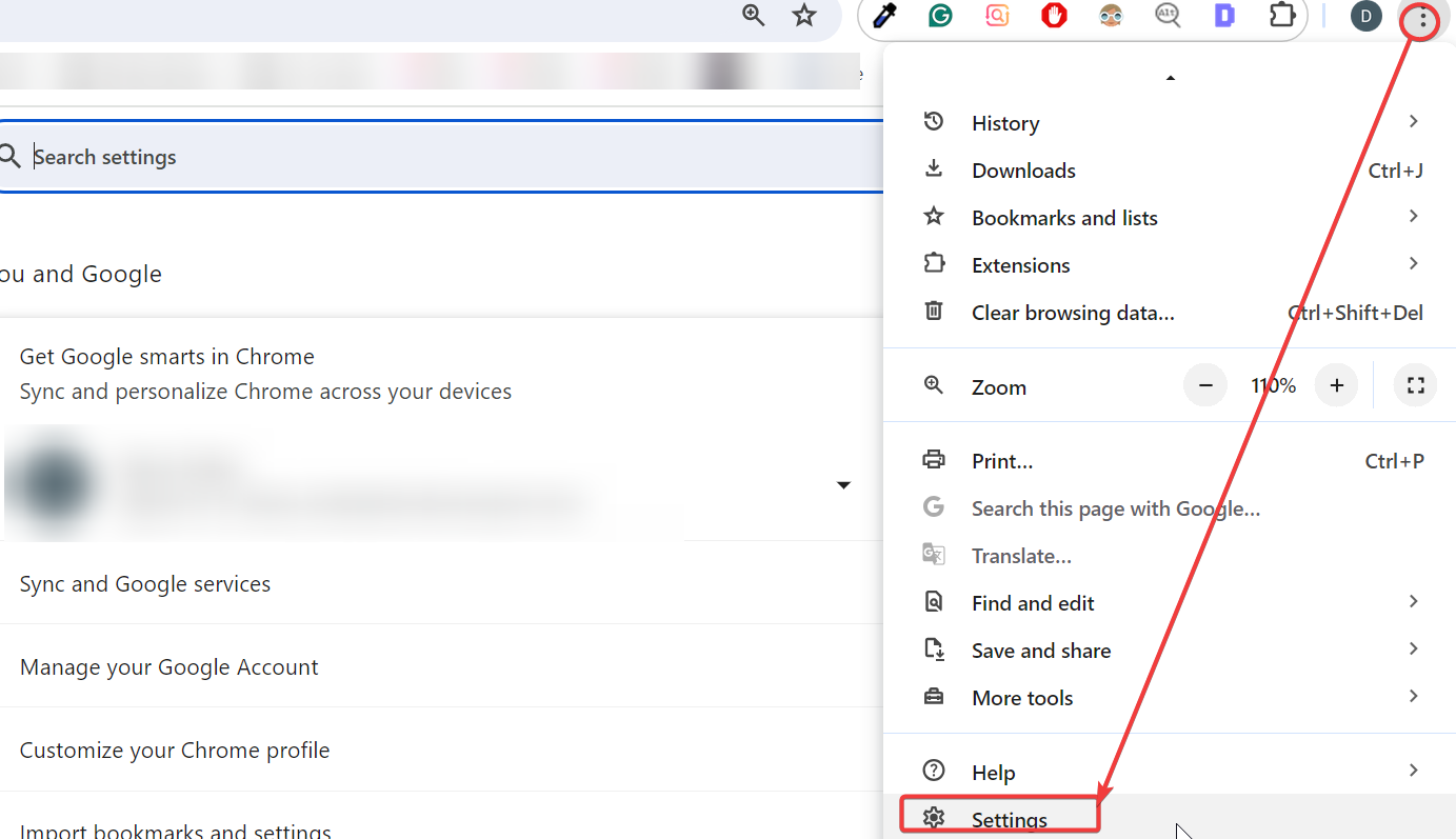 google chrome settings option