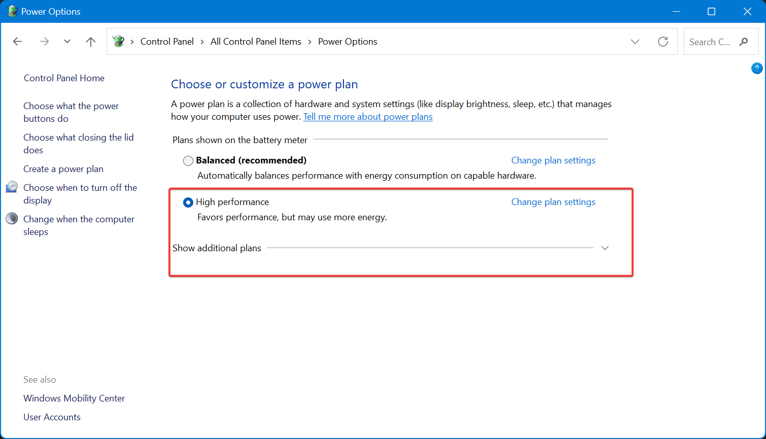 high performance power option in windows