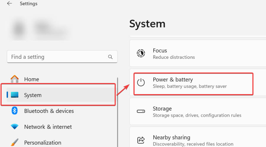 power and battery option in windows settings