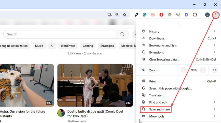 save and share option in chrome