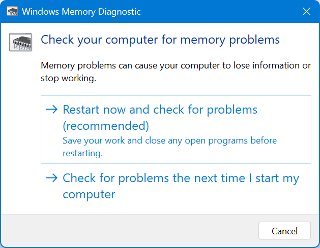 windows memory diagnostic tool choose restart time