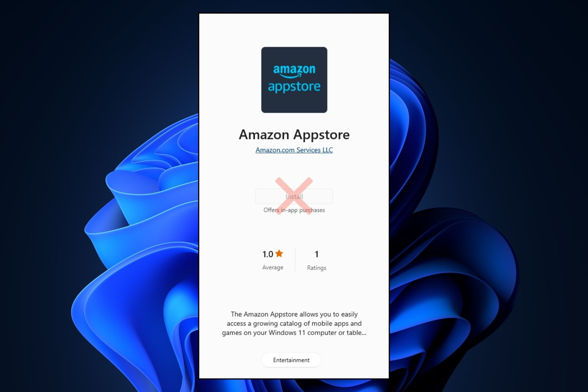 Amazon Appstore with an X symbol on a Windows 11 background
