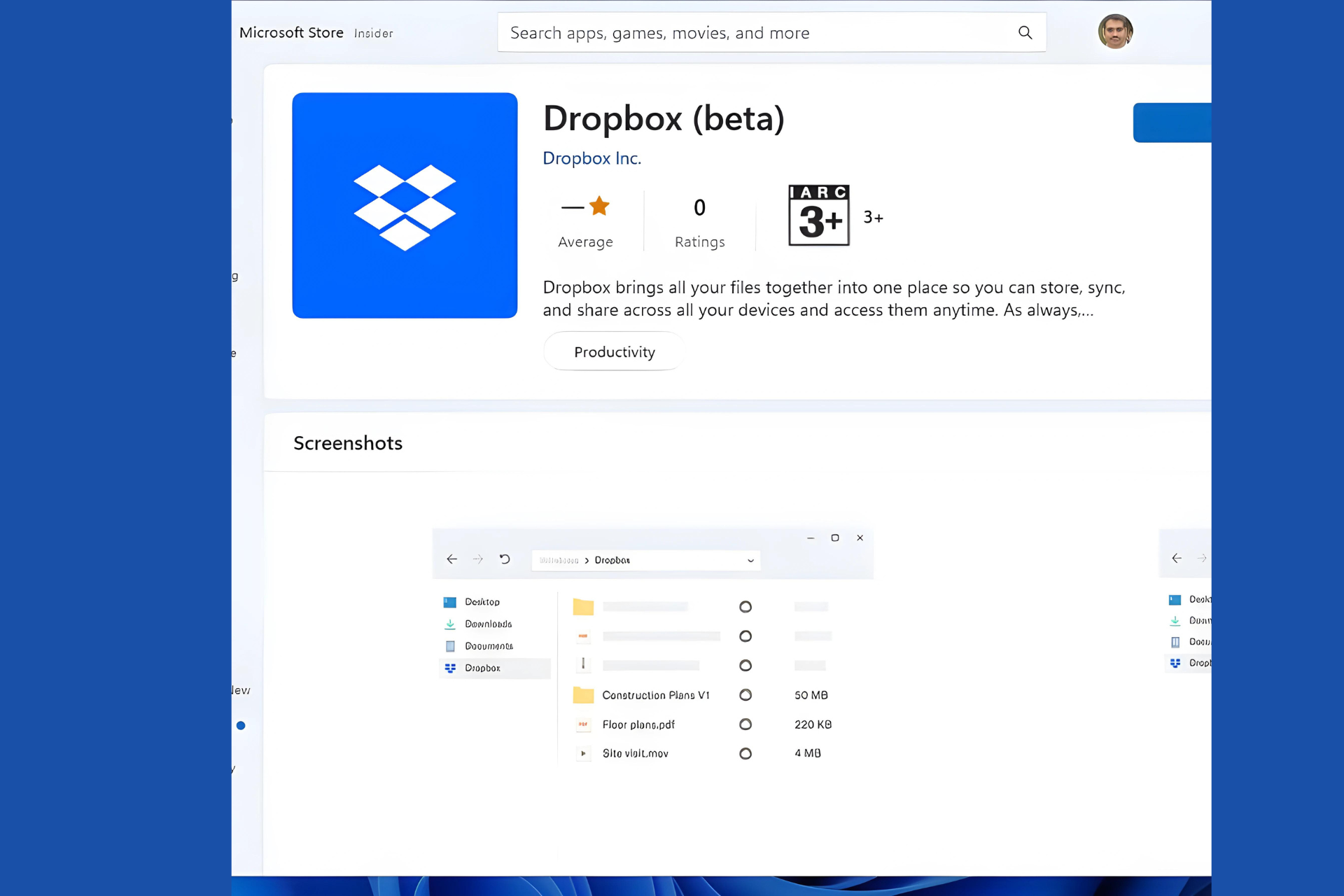 The new Dropbox App, currently in beta, comes to the Microsoft Store, providing access via File Explorer and the Taskbar