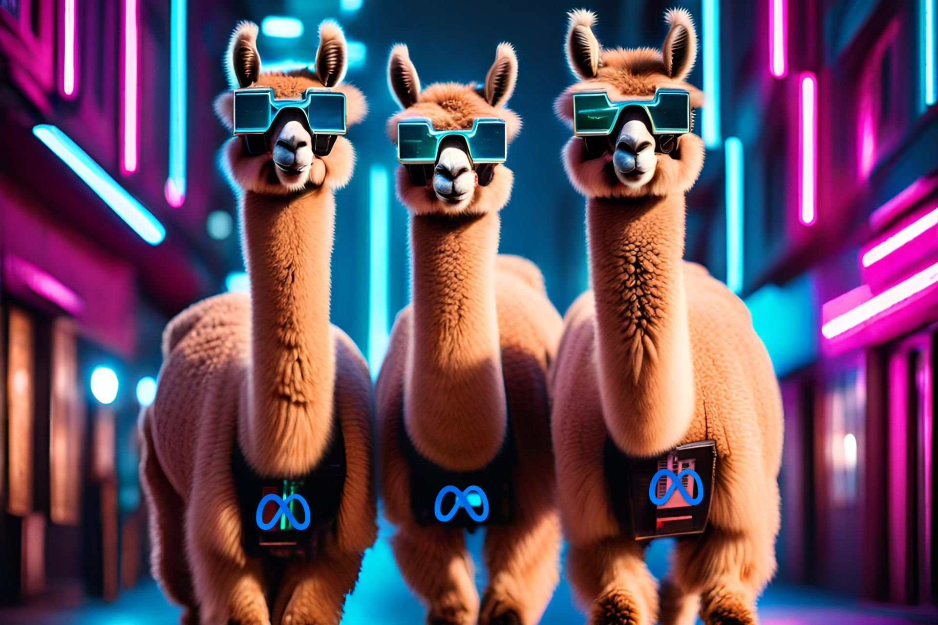 3 Llamas walking through the city at night with AI glasses