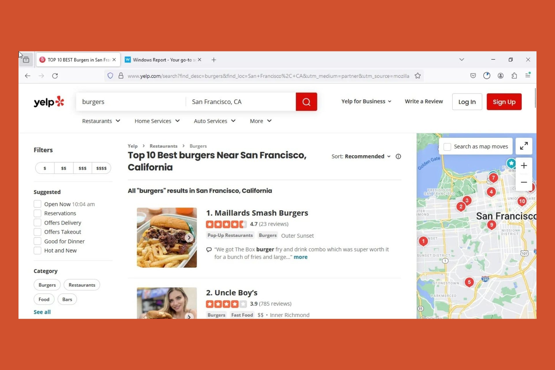 Yelp sponsored suggestions on Firefox