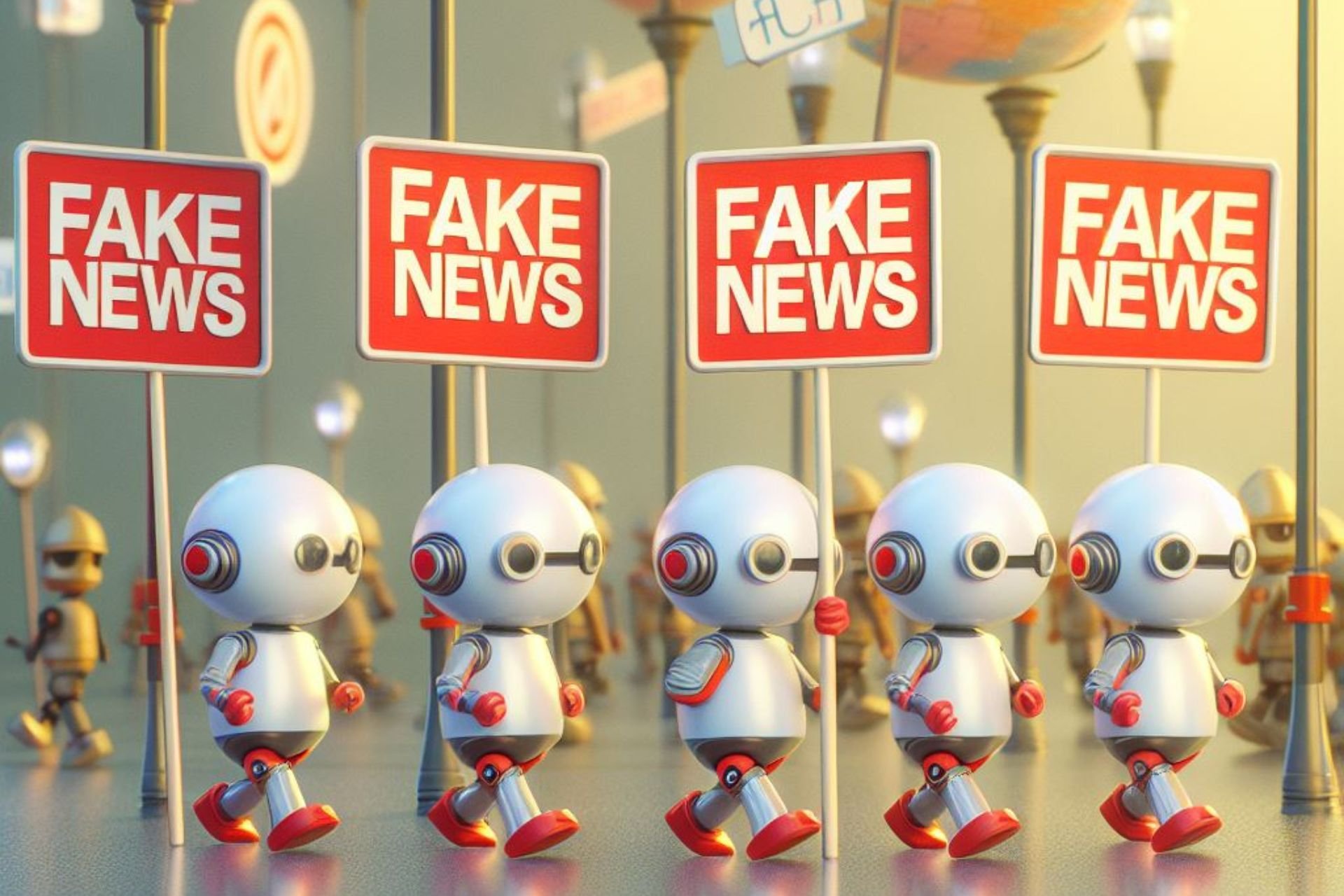 Tiny robots representing Russian and Chinese hackers spreading fake news