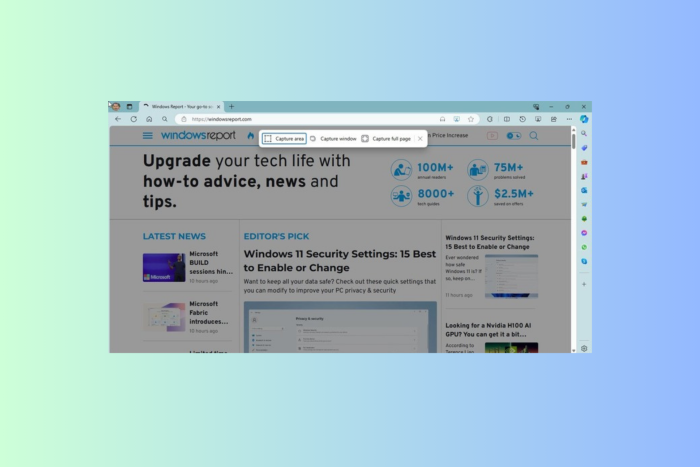 Microsoft Edge's built-in Screenshot tool gains the ability to capture windows and save screenshots