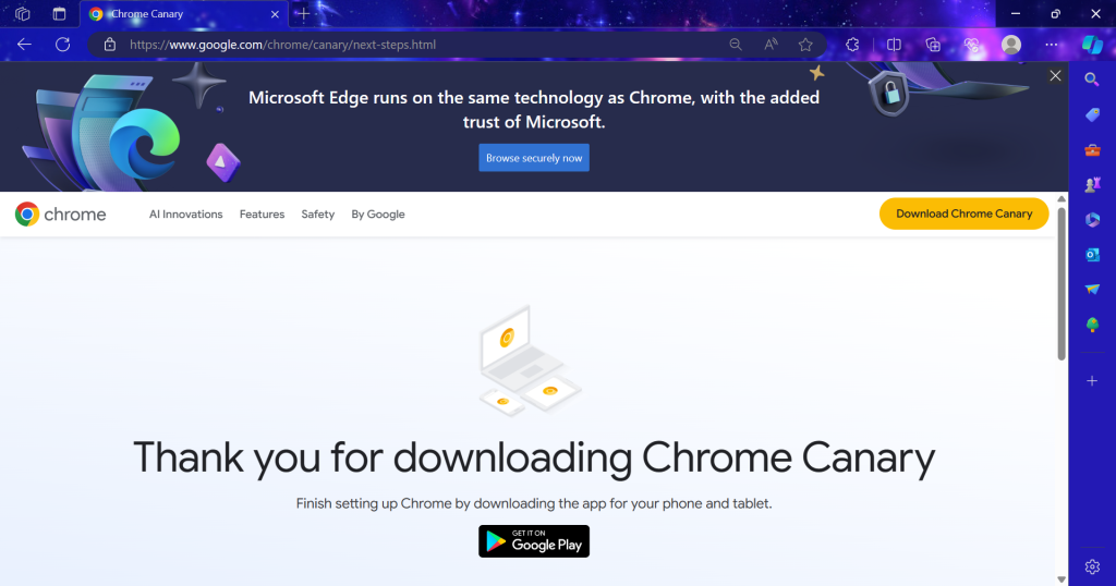 edge promotion on downloading chrome canary