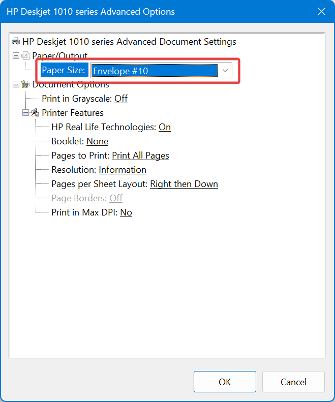 paper size envelope hp printer