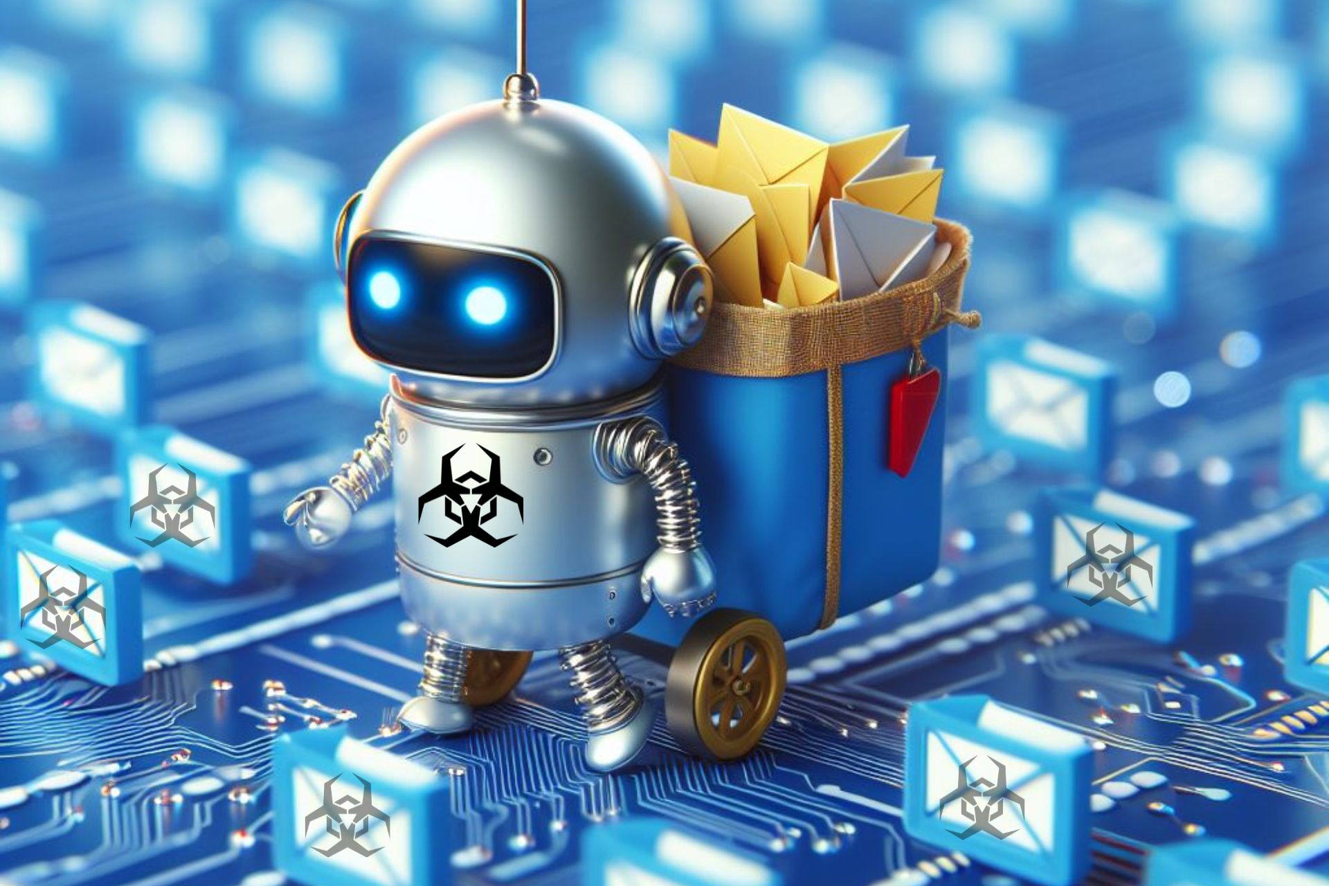 An AI generated image of a tiny robot delivering malicious emails containing the LockBit Black ransomware