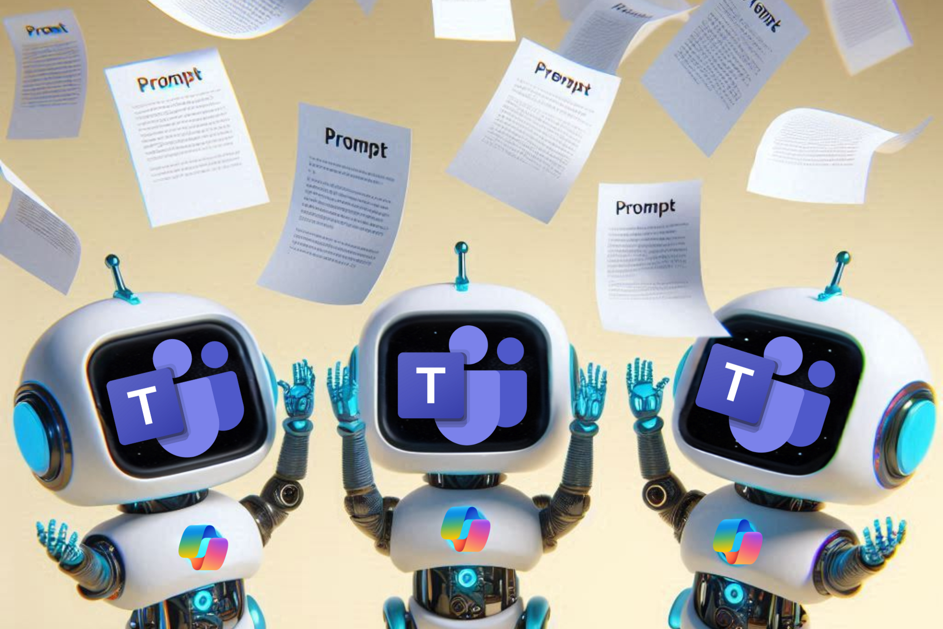 An AI generated image of Copilot robots with Microsoft Teams masks throwing prompts