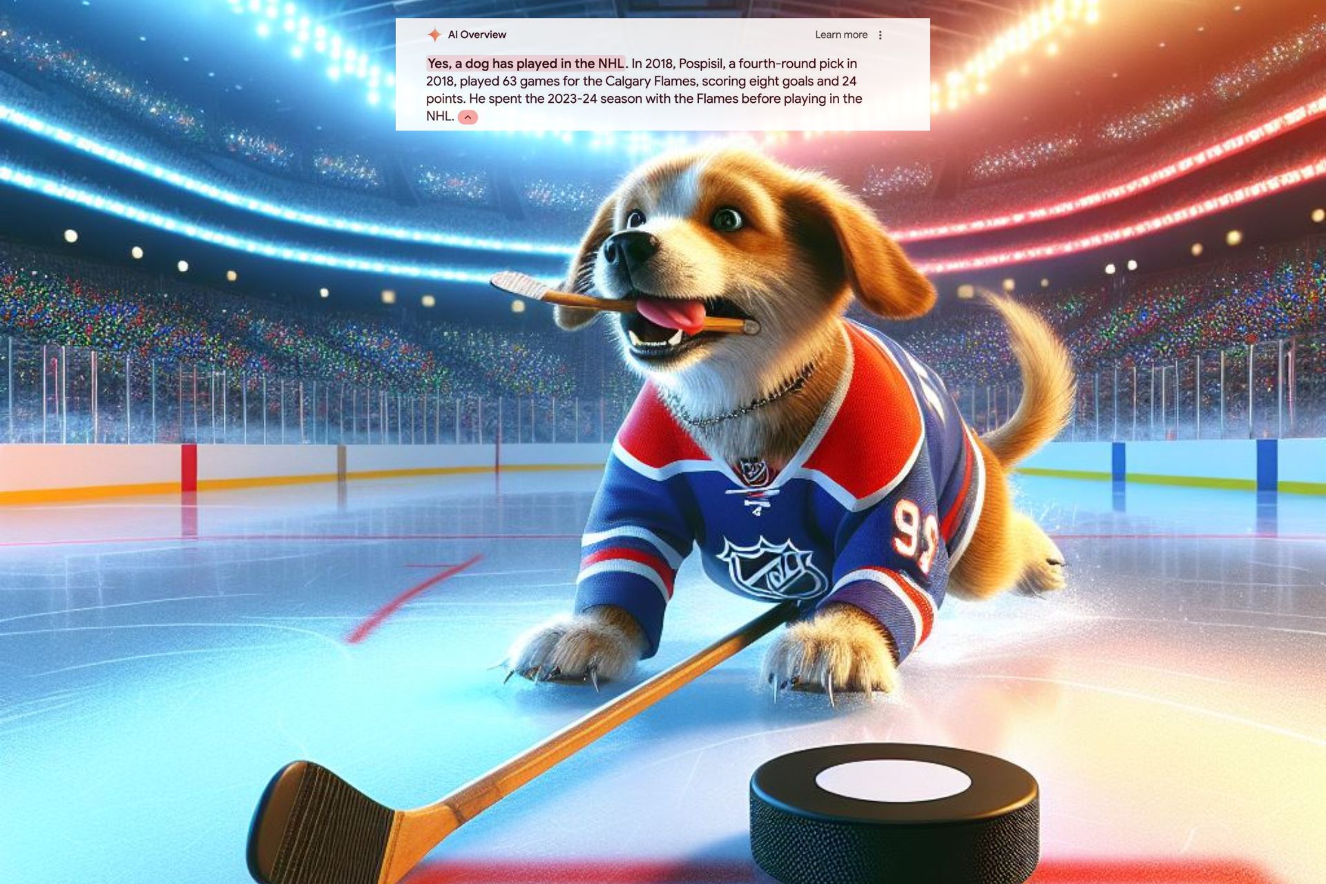 An AI generated image of a dog playing NHL based on AI Overviews
